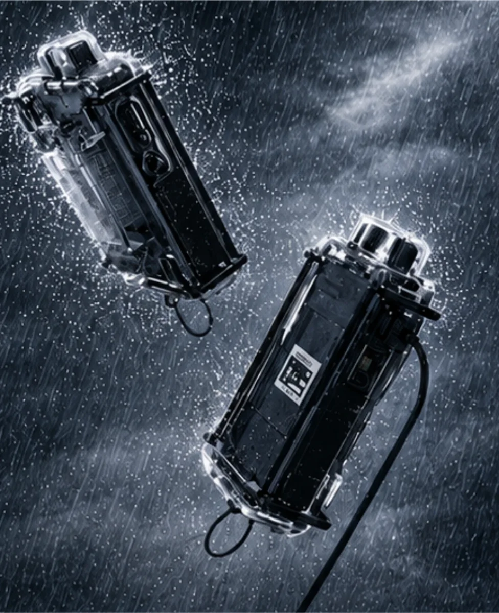 降りしきる雨のなかの ALVO1.9 と IPX7 防水ケース B-ALC2
