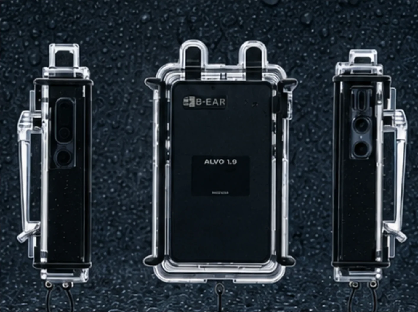 IPX7 防水ケース B-ALC2 を装着した ALVO1.9 の前面と左右の側面