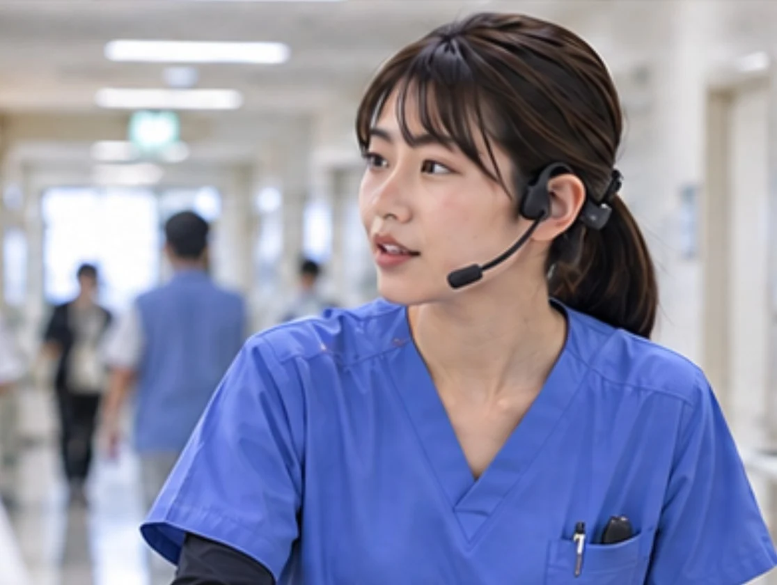 A nurse on the move, talking through a headset