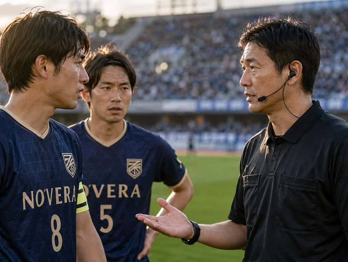 ヘッドセットを着けた審判とサッカー選手